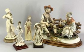 DOCCIA/CAPODIMONTE FIGURAL GROUP, three further figurines and a Lladro figurine of a young girl, the