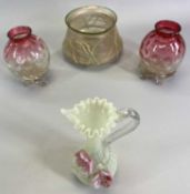 GLASSWARE - Loetz style glass bowl, 11 x 19cms diam, a Vaseline glass jug and a pair of dimple