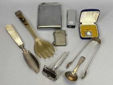 SILVER & OTHER FLATWARE, white metal lighters and Wedgwood gilt metal pendant group. The flatware