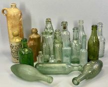 VINTAGE SODA, EARTHENWARE and other bottles, 31cms the tallest