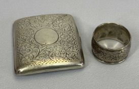 CHASED DECORATION SILVER CIGARETTE CASE & A NAPKIN RING - Birmingham hallmarks 1911, Maker William