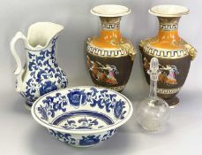 GREEK THEMED STAFFORDSHIRE VASES - 34cms tall, a blue and white jug and basin set, 30cms diam and an