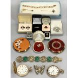 9CT GOLD RINGS, COSTUME JEWELLERY, Stratton compacts and gold plated pocket watches, a mixed