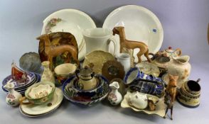 STAFFORDSHIRE GREYHOUNDS, A PAIR - on cobalt bases, 27cms tall, an assortment of other mixed china