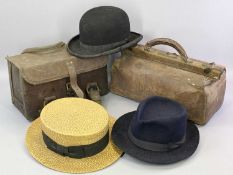 VINTAGE GLADSTONE BAG, a similar leather workman's bag, an old bowler hat, Trilby and boater by