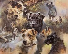 MICK CAWSTON coloured print - depicting various breeds of dogs, 34 x 44cms
