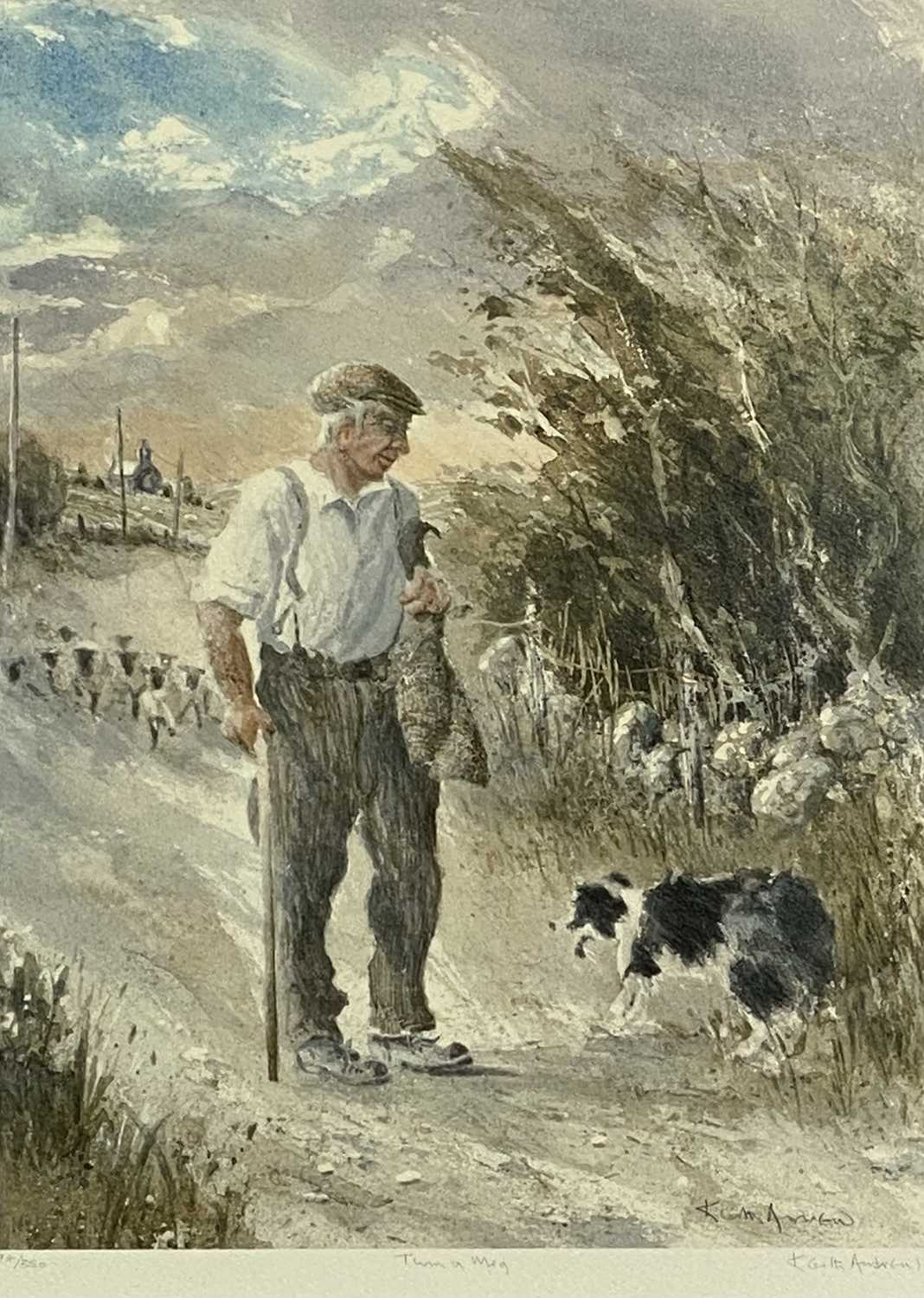 KEITH ANDREW RCA coloured limited edition print (74/350) - farmer with his dog and sheep on a