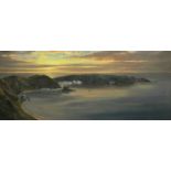 W ROBERTS possibly acrylic under glass - expansive sunset scene of Porthdinllaen, signed and titled,