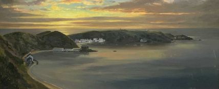 W ROBERTS possibly acrylic under glass - expansive sunset scene of Porthdinllaen, signed and titled,