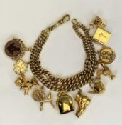 9CT GOLD CHARM BRACELET - with double row curb links and 11 x 9ct gold charms including a swivel fob