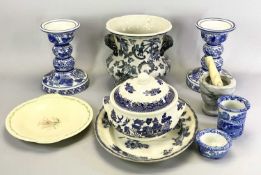 BLUE & WHITE SUBSTANTIAL CANDLE HOLDERS, 22cms tall, other blue and white china, mineral pestle