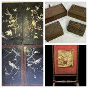 JAPANESE LACQUER WORK PANELS (4) - to include two black Shibayama type having the relief detail