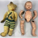 VINTAGE TEDDY BEAR - 43cms L and a similar period doll (dismantled)