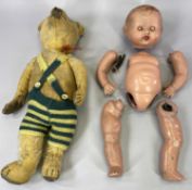 VINTAGE TEDDY BEAR - 43cms L and a similar period doll (dismantled)