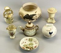 BLUSH DECORATED & SIMILAR CABINET PORCELAIN, 7 ITEMS - to include a bird decorated squat vase with