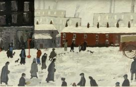 OWEN MEILIR oil on board - snowy street scene with numerous figures, signed in full, 32 x 48cms