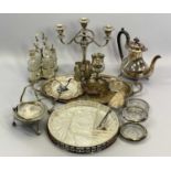 EPNS & OTHER PLATED WARE to include trays and serving dishes, four bottle condiment set on stand,