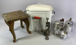 PICQUOT 4 PIECE TEA SERVICE, vintage mincer, enamel bread bin and a carved stool