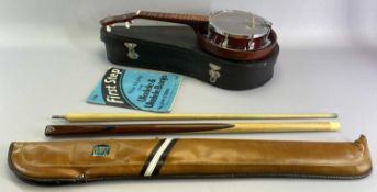 UKULELE BANJO - George Formby, in a hard case, and a BCE snooker cue in a case