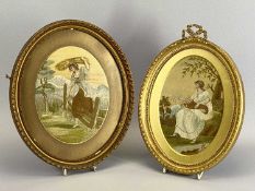 SILKWORK TAPESTRIES (2) - within gilt oval frames depicting women at work, 34 x 28cms and the