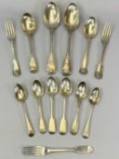 GEORGE III & LATER SILVER FLAT WARE - 13 pieces, London hallmarks in Kings and other patterns, 22cms
