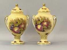 AYNSLEY TWIN-HANDLE PEDESTAL VASES a pair, Orchard Gold type - 23cms tall
