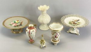 CABINET PORCELAIN, 6 ITEMS - to include a bird decorated comport with reticulated border, 11cms H,