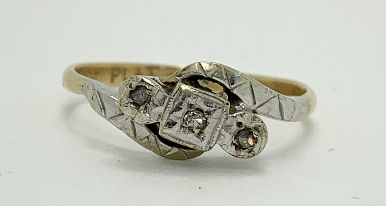 18CT GOLD & PLATINUM CROSSOVER DRESS RINGS (2) - one set with three tiny diamonds size Mid M-N, - Image 2 of 3