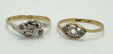18CT GOLD & PLATINUM CROSSOVER DRESS RINGS (2) - one set with three tiny diamonds size Mid M-N,