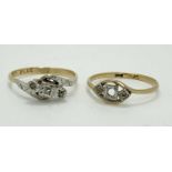 18CT GOLD & PLATINUM CROSSOVER DRESS RINGS (2) - one set with three tiny diamonds size Mid M-N,