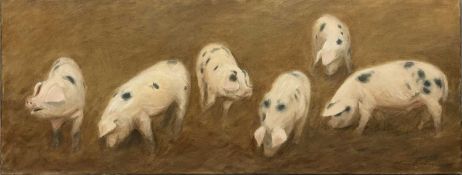 ALISON BRADLEY oil on box canvas and framed - 6 Gloucester 'Old Spot' pigs foraging, signed and with