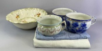 FLOW BLUE CHAMBER POTS, 2 SIMILAR, another floral decorated chamber pot, Staffordshire floral wash