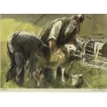 WILLIAM SELWYN RCA  coloured limited edition (114/500) print - two farmers dosing sheep, signed in