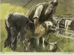 WILLIAM SELWYN RCA  coloured limited edition (114/500) print - two farmers dosing sheep, signed in