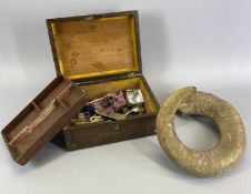 TREEN - rosewood work box with miscellaneous contents and a ram's horn