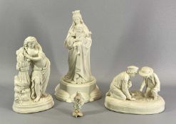 PARIAN FIGURES (3) and a Victorian bisque figurine to include a Madonna and child on a shaped