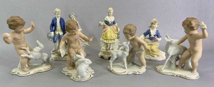 CHINA FIGURINES - children at play with animals, set of four, 15cms tall and three other continental