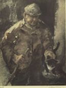WILLIAM SELWYN RCA artist's proof coloured print - farmer with stick and his pet cat, signed in