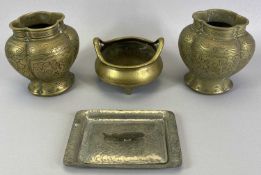 20TH CENTURY CHINESE THREE FOOTED BRASS CENSER - 9cms H, 13cms diameter, Chinese brass vases, a