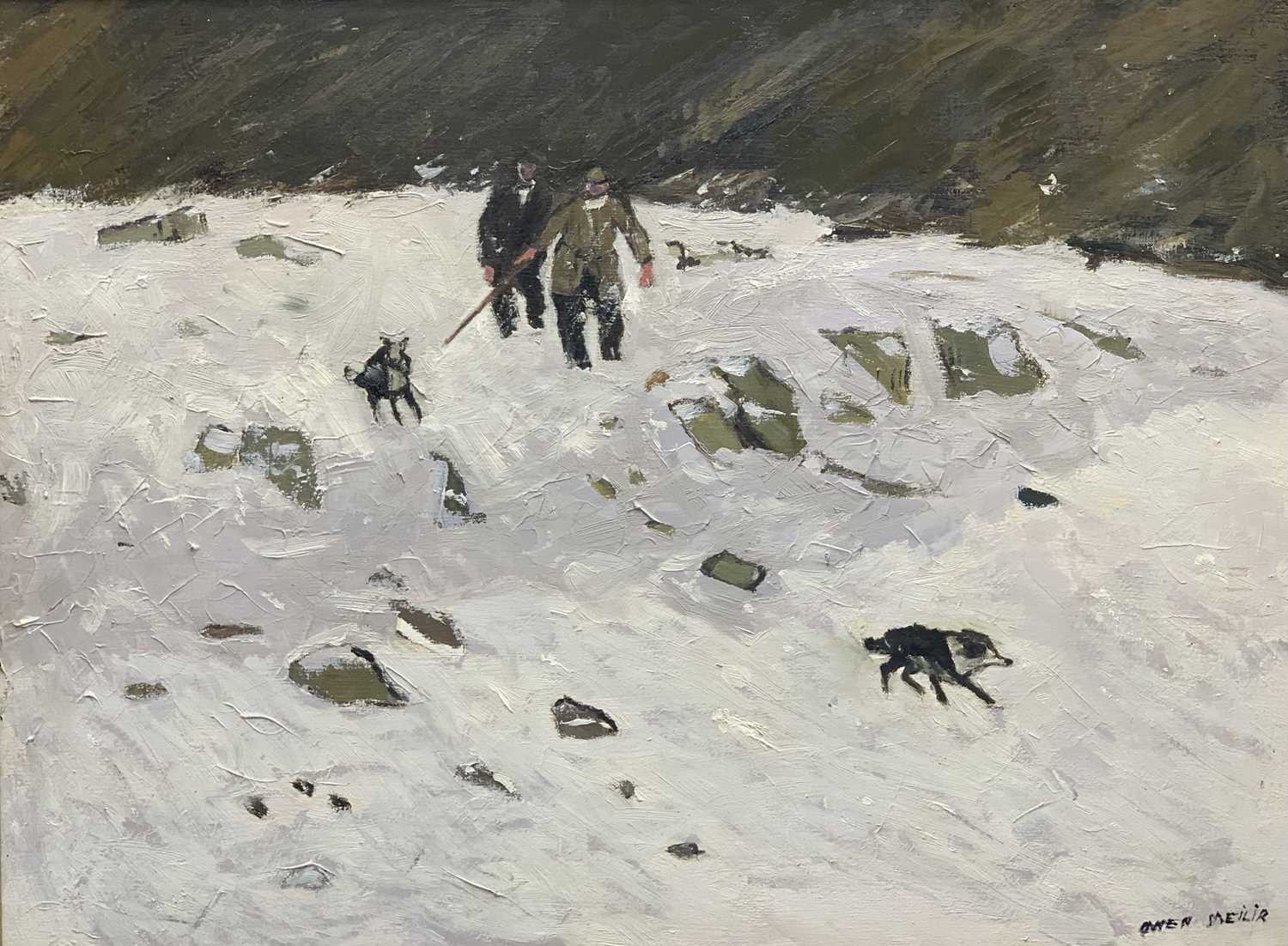 OWEN MEILIR oil on canvas - two farmers and their dogs in snow, signed in full, 44 x 59cms