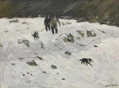 OWEN MEILIR oil on canvas - two farmers and their dogs in snow, signed in full, 44 x 59cms