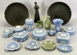 WEDGWOOD JASPERWARE - in green and blue, also, a pair of black plates, 23cms diam and Royal