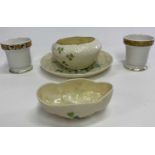 SHIPPING INTEREST EGG CUPS (2) and three items of Belleek shamrock decorated porcelain, the egg cups