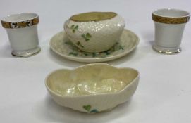 SHIPPING INTEREST EGG CUPS (2) and three items of Belleek shamrock decorated porcelain, the egg cups