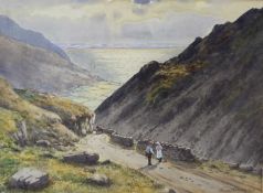 WARREN WILLIAMS A.R.C.A. watercolour - Sychnant Pass with two figures and dog on the road and a