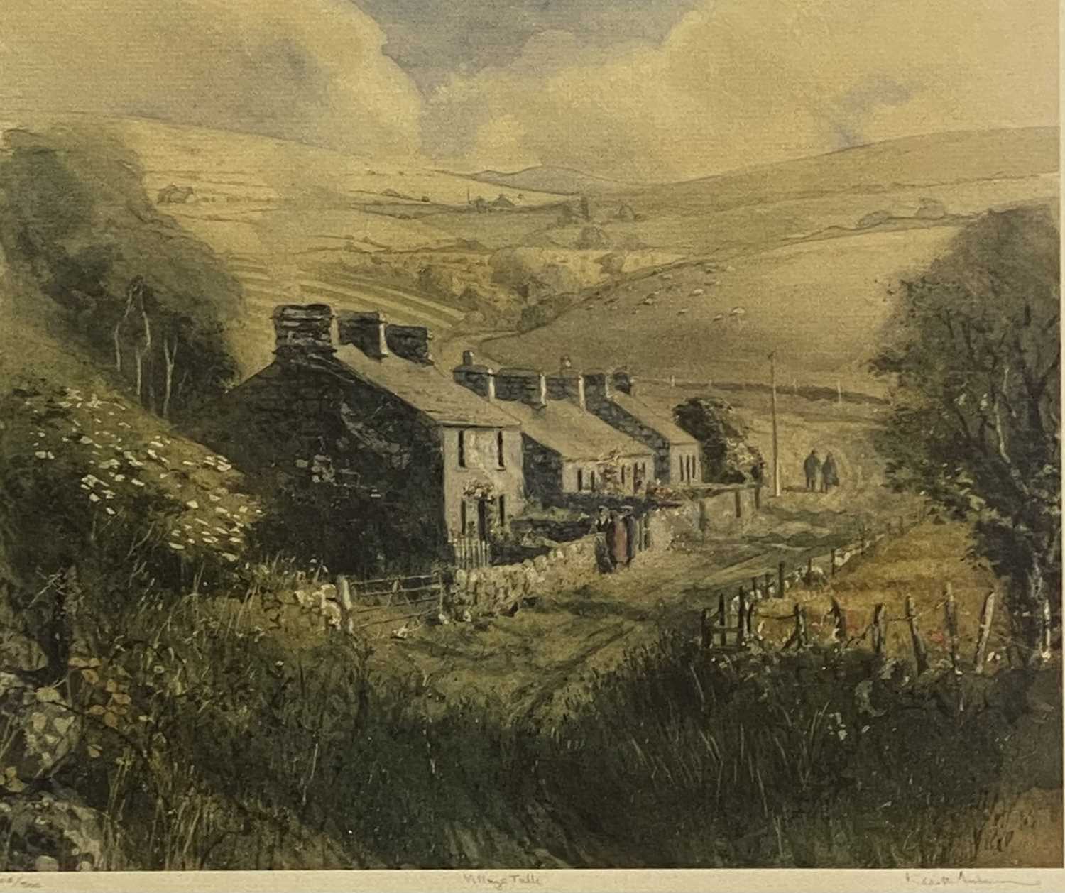 KEITH ANDREW RCA coloured limited edition (508/800) print - landscape with cottages and figures,