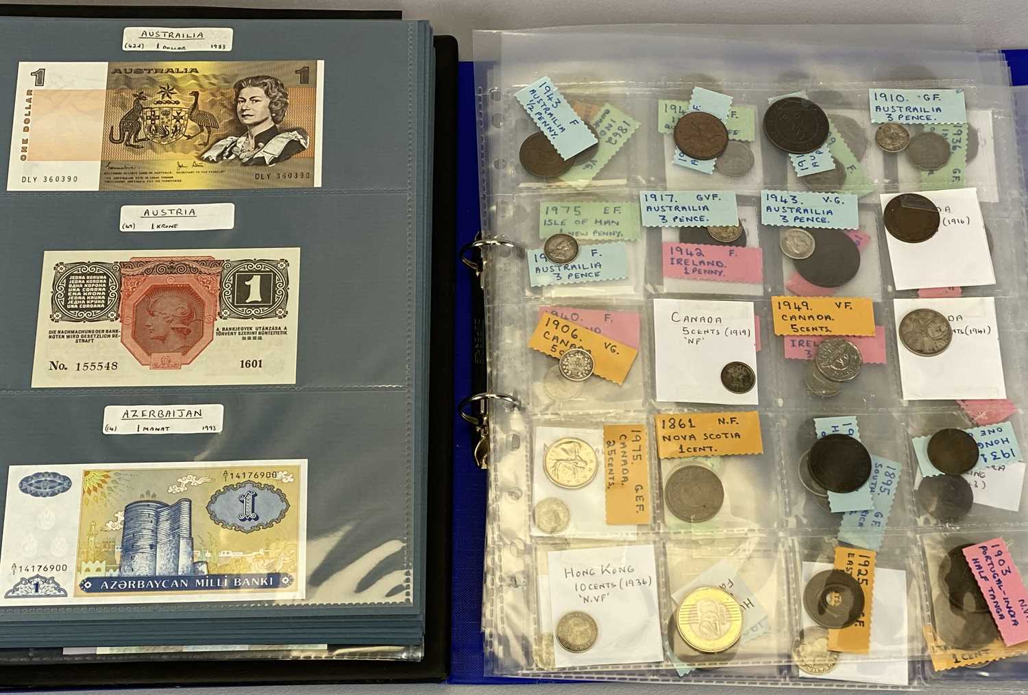 BRITISH & WORLD COINS & BANK NOTES COLLECTION - in two sleeved albums, 150 plus coins, 2 x Britain's