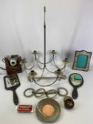 WHITE METAL PORTRAIT FRAME, metal hanging light and miscellaneous items (PLEASE NOTE: THE CAMERA