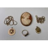 9CT GOLD & OTHER JEWELLERY GROUP, 6 ITEMS - to include a carved shell cameo, 5.5 x 4.5cms, 2 x