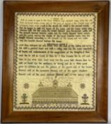 SAMPLER - 1830, a fine example in a wooden frame titled 'Kings', Elizabeth Newtons Work age 12